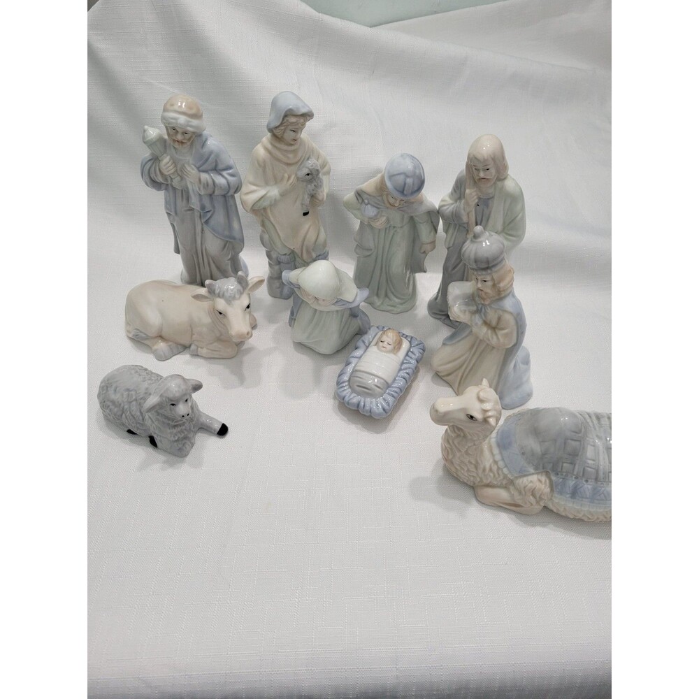 Vintage R O C Nativity Set 10 Blue Cream Jesus Mary  Joseph Porcelain